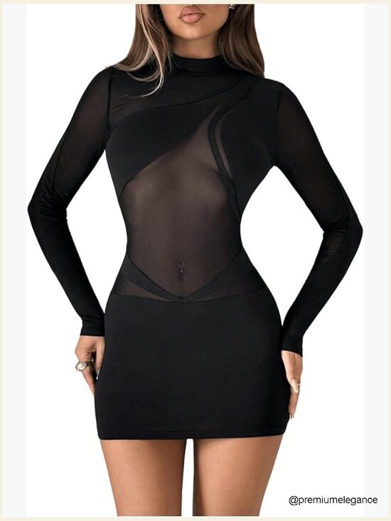 Dresses & Skirts - Sheer Mesh Long Sleeve Mock Neck Bodycon Mini Dress Night Out